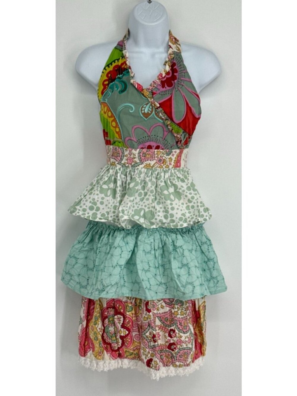 Cottagecore Ruffled Kitchen Apron Tiered Patchwork Floral Eyelet Lace Halter Tie